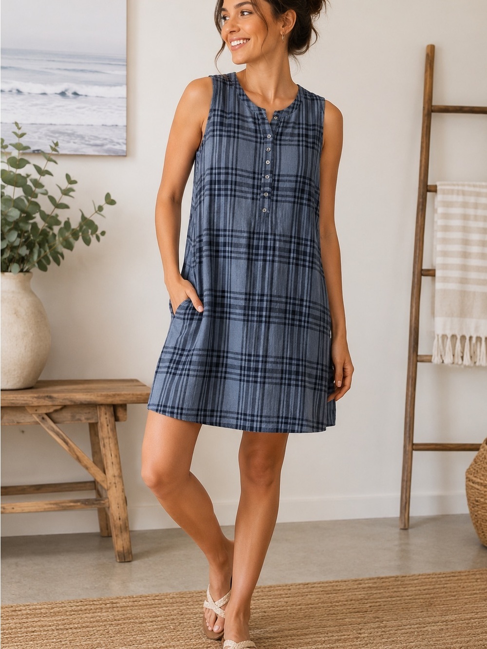 Faherty Organic Cotton Blue Plaid Sleeveless Pocket Tunic Dress Large